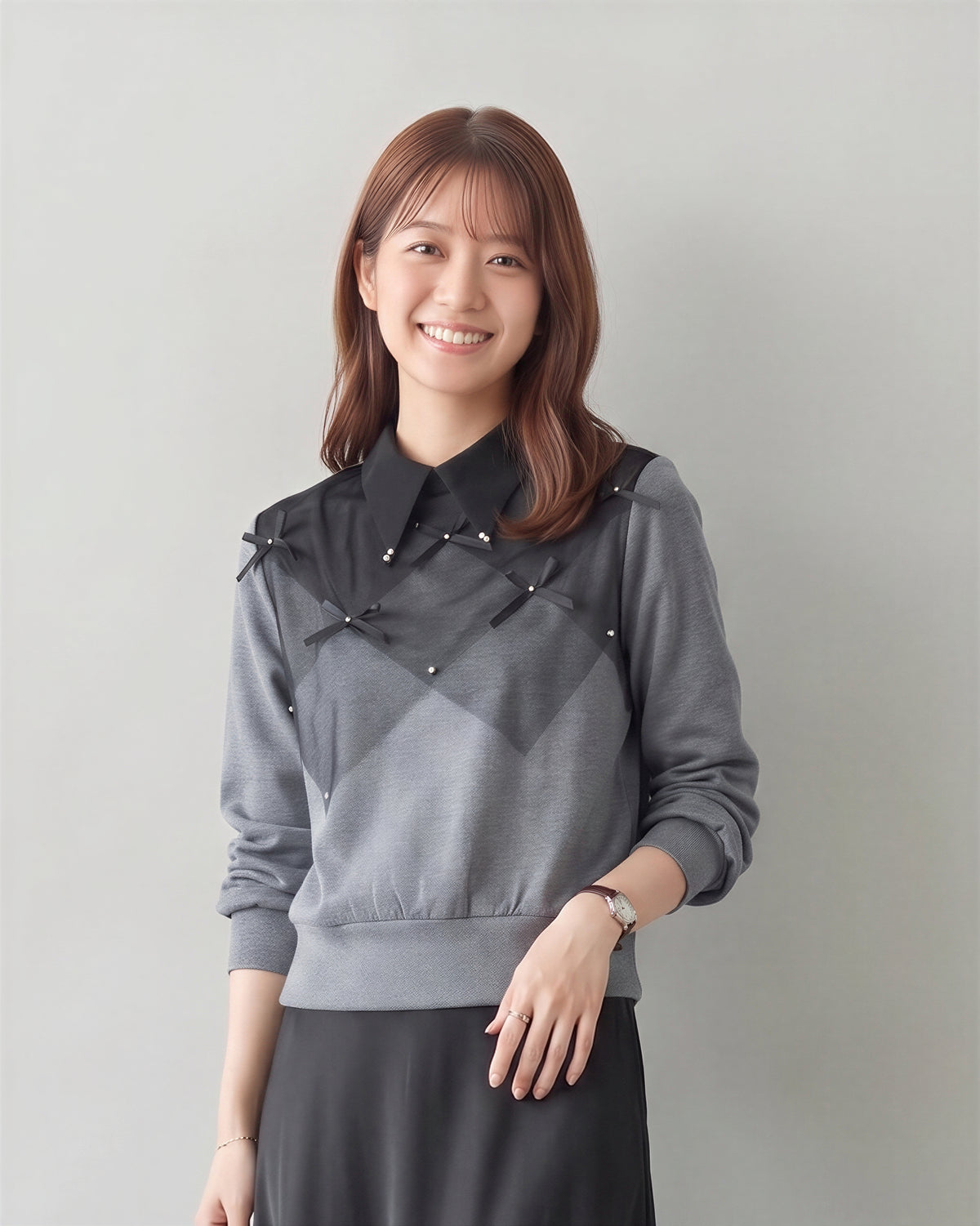 【秋新作】S~XL ダイヤ柄切り替え リボン付き 襟付き フェイクレイヤード スウェット