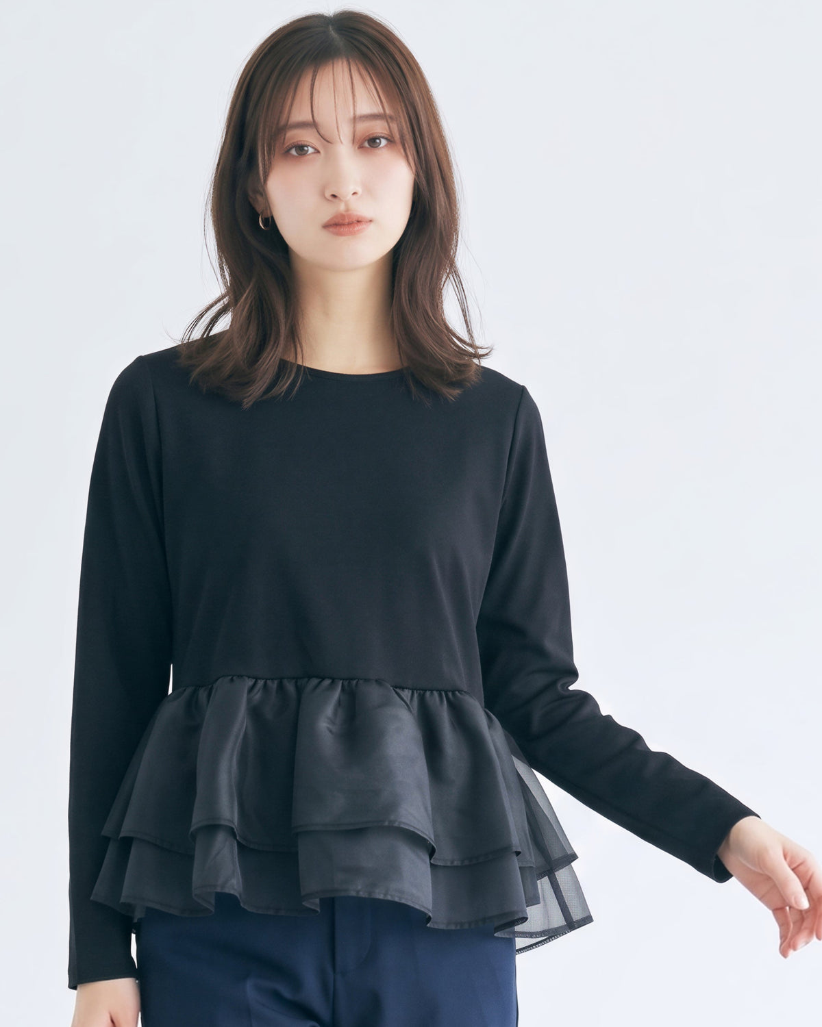 チュール切り替えフリルヘム フェイクレイヤードTシャツ-ブラック-L