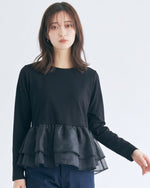 チュール切り替えフリルヘム フェイクレイヤードTシャツ-ブラック-L