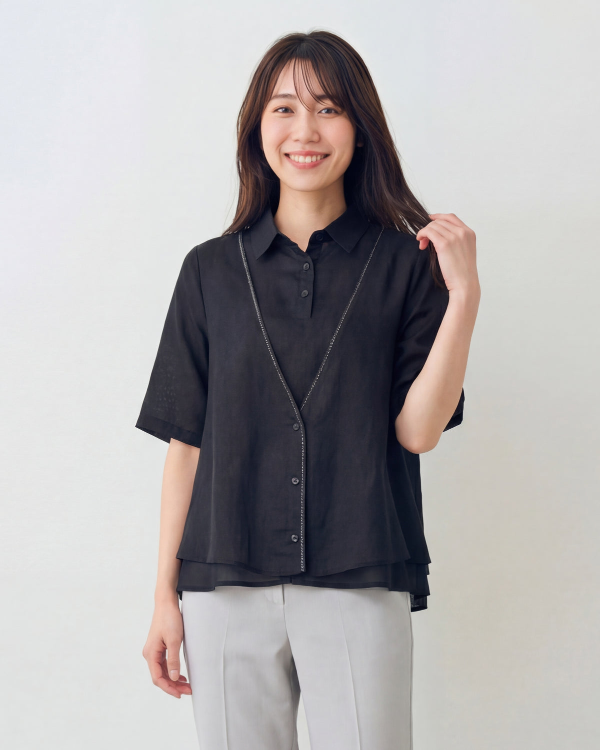 Vネック切替ライン レイヤード風（フェイク2ピース）シャツ-ブラック-2XL