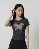 バタフライ立体フリンジワッペン クルーネック半袖Tシャツ