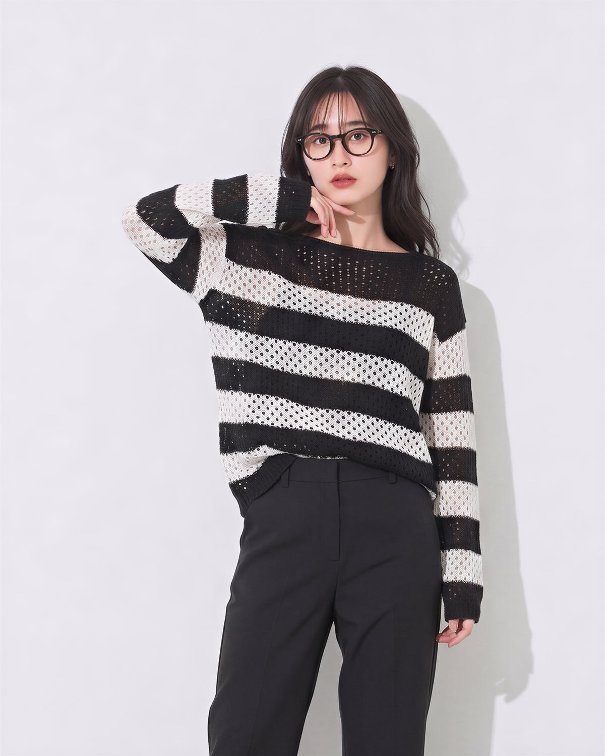 M~4XL 白黒ボーダー 透かし編み ルーズニット