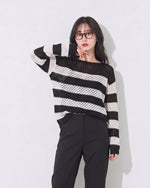 M~4XL 白黒ボーダー 透かし編み ルーズニット