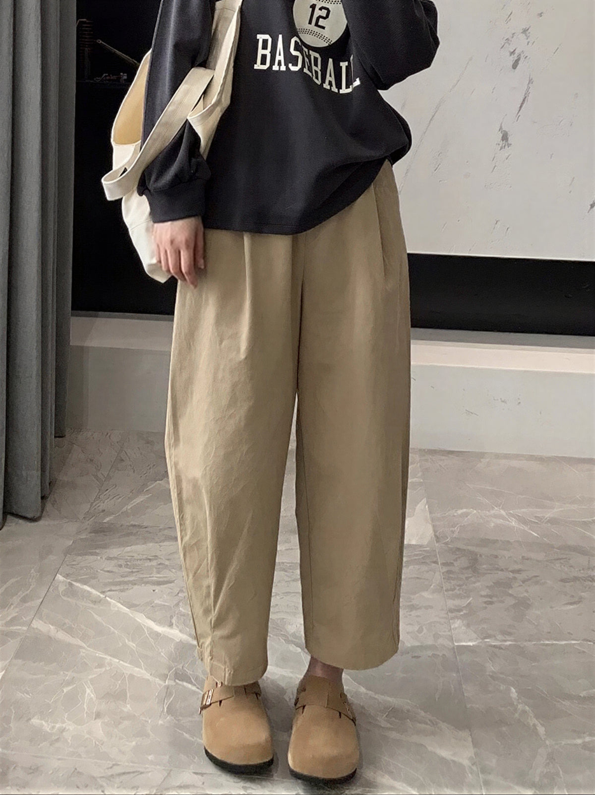 ゆったり細見え ウエストゴム バルーンパンツ-ダークベージュ ウォッシュドコットンバルーンパンツ-XL