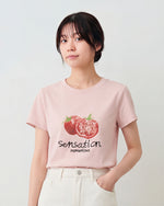 ライトピンク フルーツプリント クルーネック半袖Tシャツ