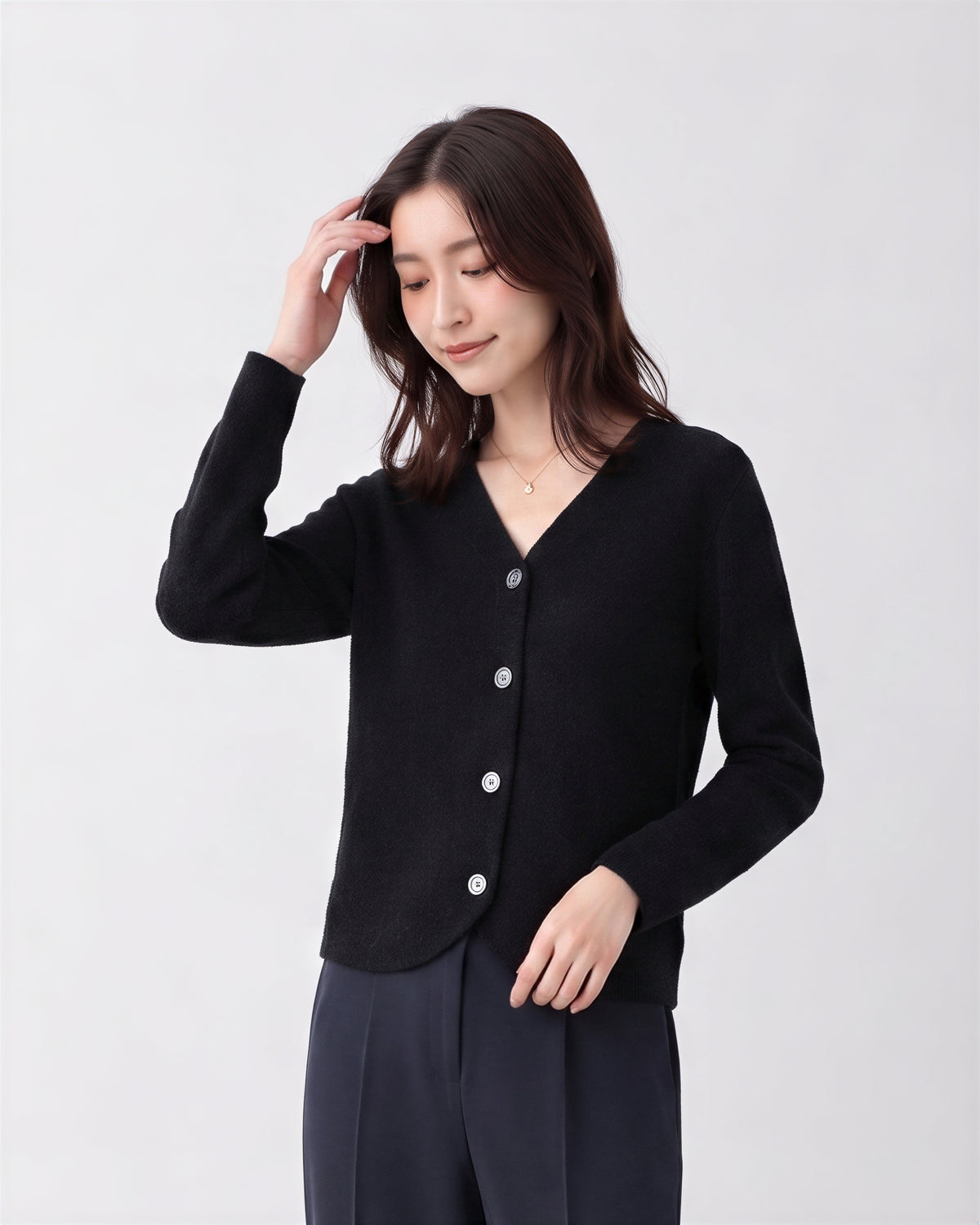 【全2色】S-2XL Vネック ラウンドヘム ゆったりニットカーディガン