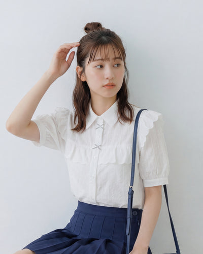 フリルレイヤード 肩デザイン ホワイト半袖ブラウス-ホワイト-2XL