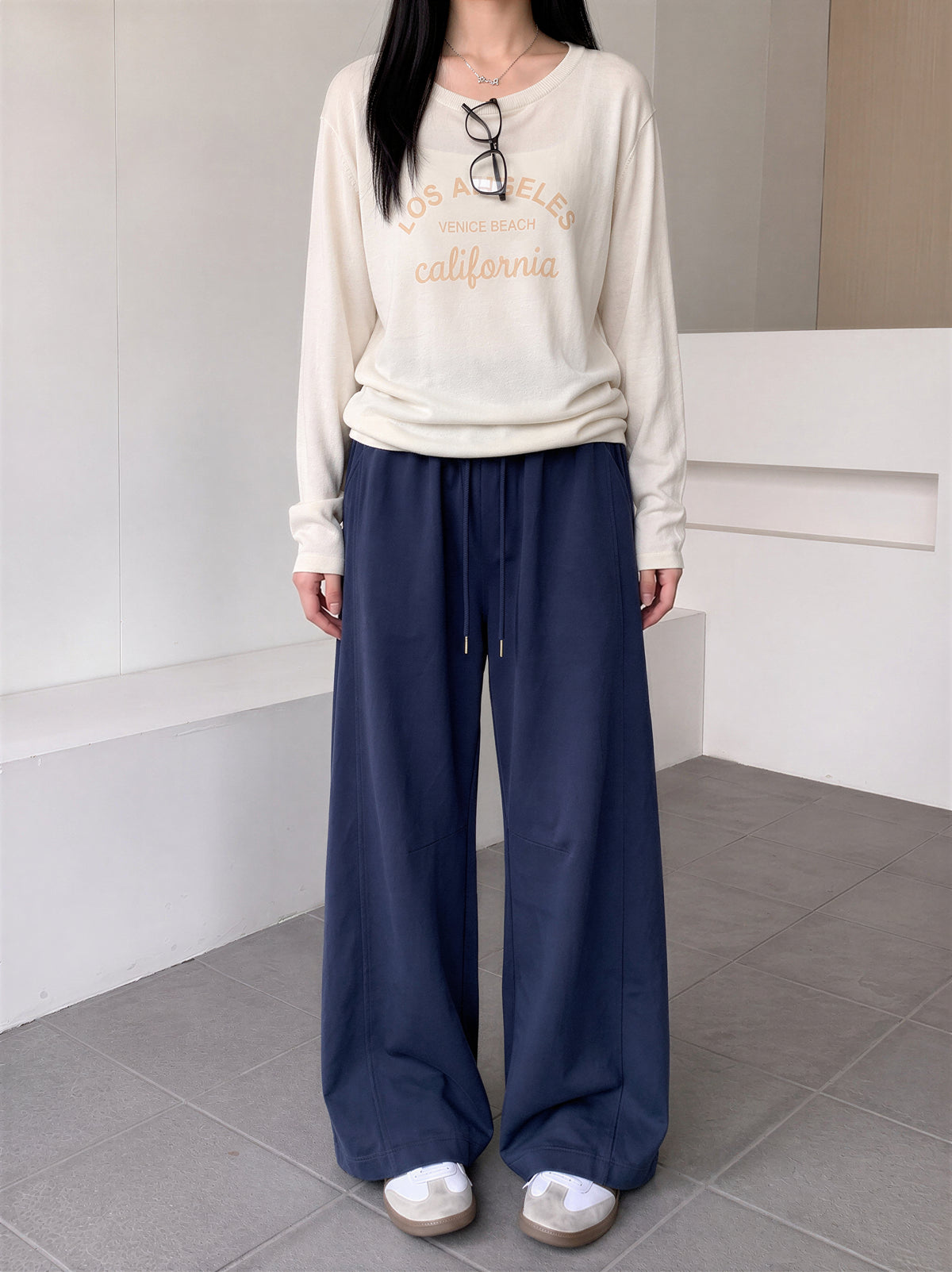 ハイウエスト ドローストリング 裾だまりワイドパンツ-ブルー-XL