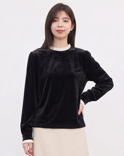 フリル切り替え 上品見えフェイクレイヤードTシャツ-ブラック-F