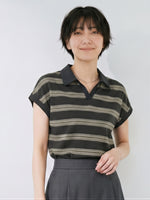 襟付きボーダー ロールヘムTシャツ