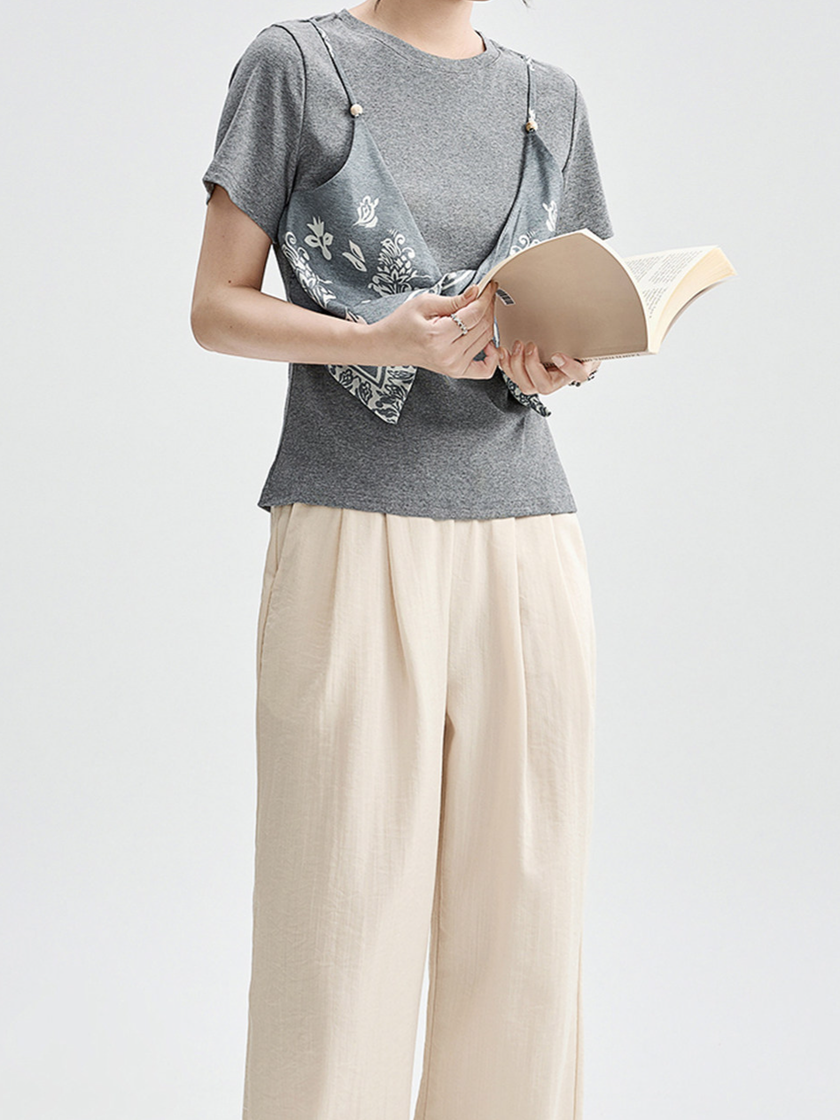 半袖Tシャツ2枚フェイクスカーフ個性的アートキルティングトップス