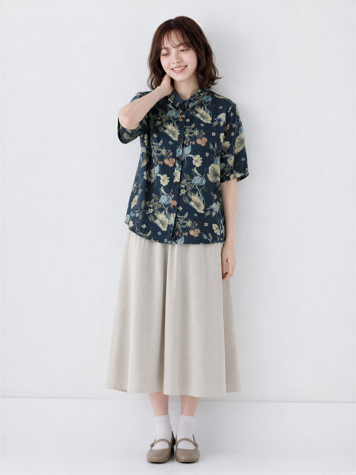 M~2XL レトロフラワープリント ブルーシャツ