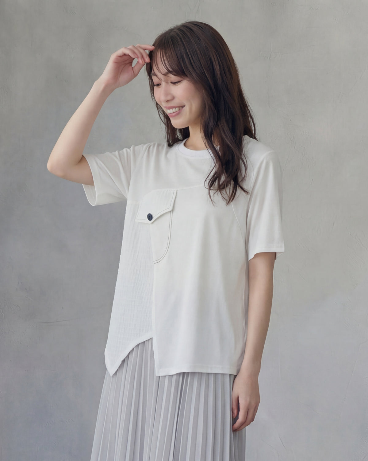 アシンメトリー切替 立体ポケット 半袖Tシャツ