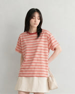 レッドボーダー ルーズ ドロップショルダーTシャツ