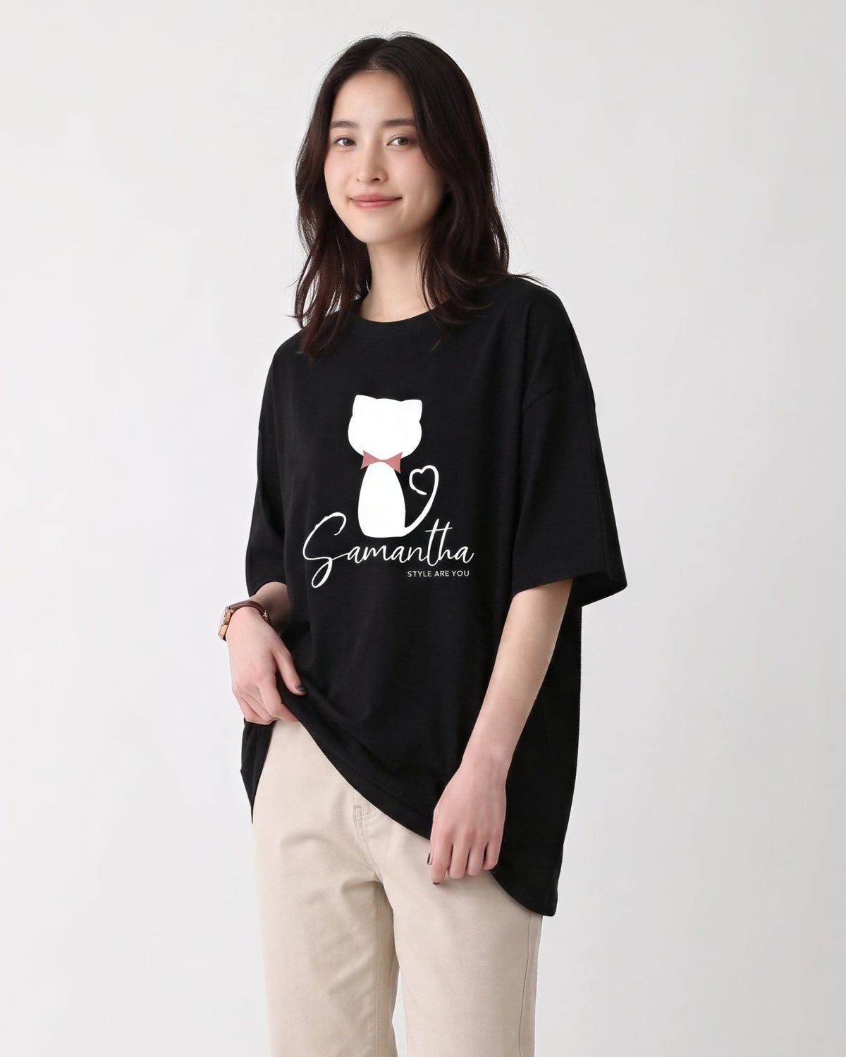 ゆったりドロップショルダー プリントTシャツ-ブラック-2XL
