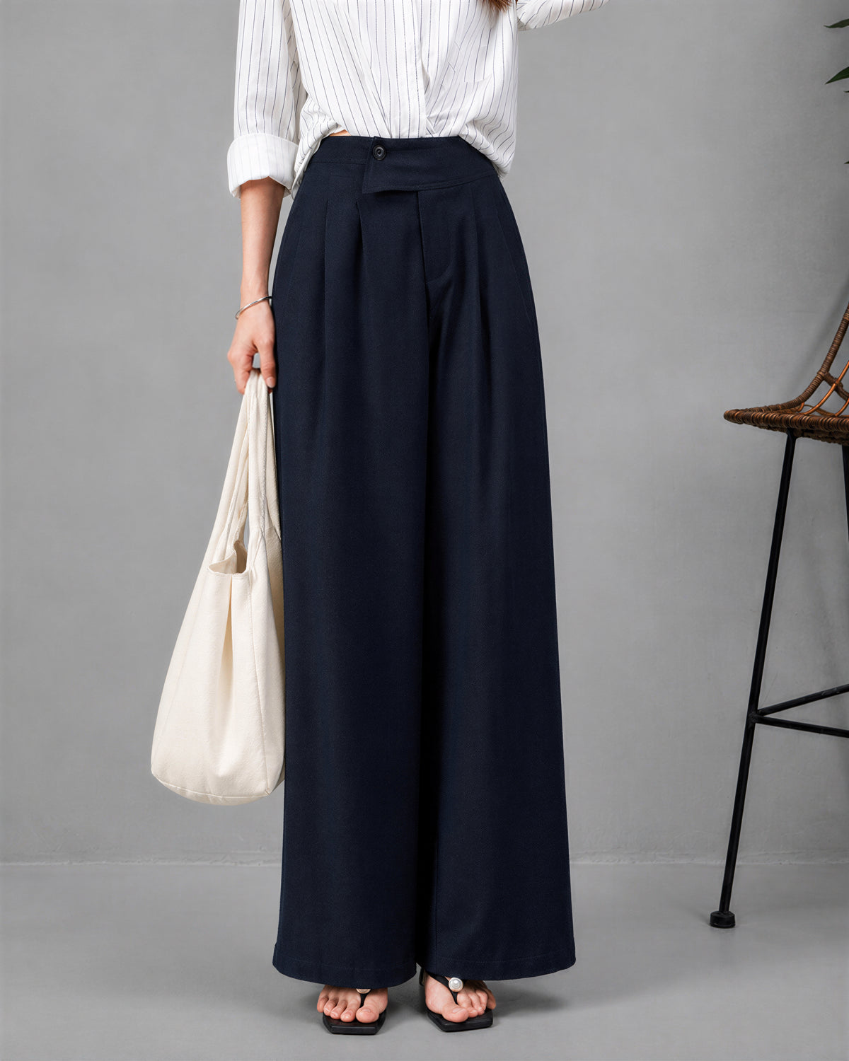 S~XL ハイウエスト ドレープ感 アシンメトリー ワイドパンツ
