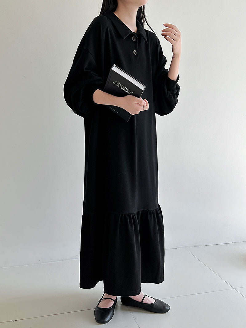 襟付き前立て ラグラン袖 切替フリルヘム スウェットワンピース