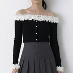 ワンショルダー フリル付き タイトショート丈 前ボタン 長袖Tシャツ