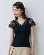 レースVネック 細リブ フィット 見せ肩 半袖Tシャツ-ブラック-XL