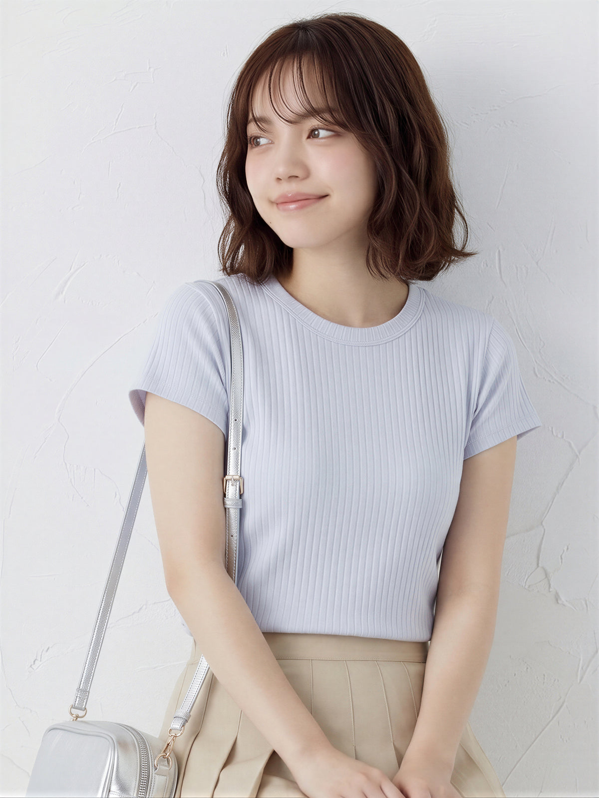 スリムフィット リブ クルーネックTシャツ-サックス-L