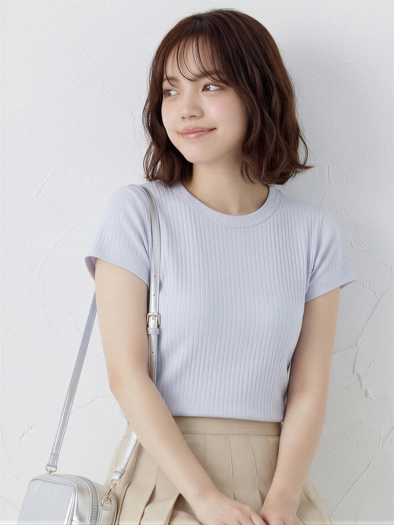 スリムフィット リブ クルーネックTシャツ-サックス-L