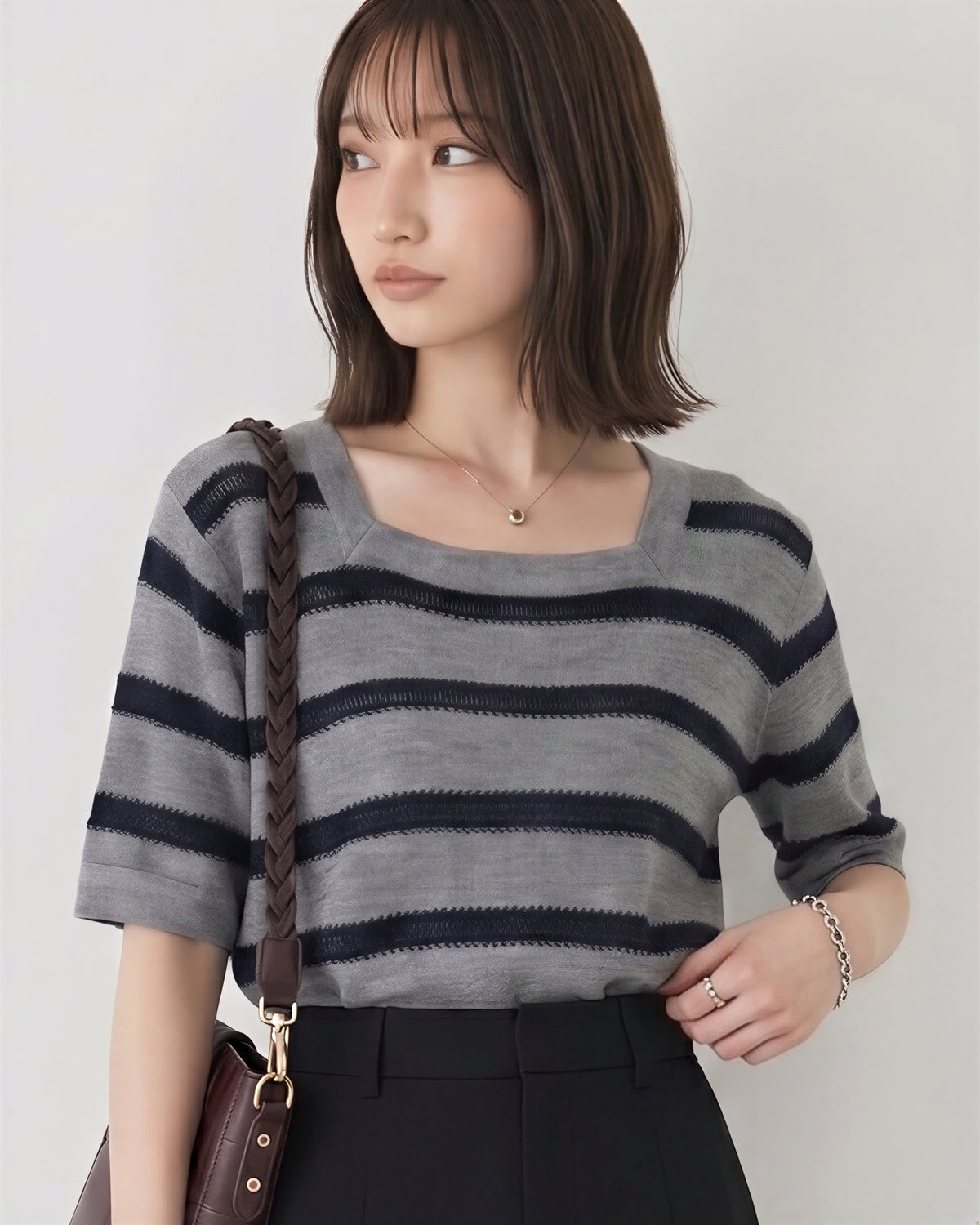 高弾性で爽やかな軽酸素エアコン感！スクエアネックボーダーニット半袖