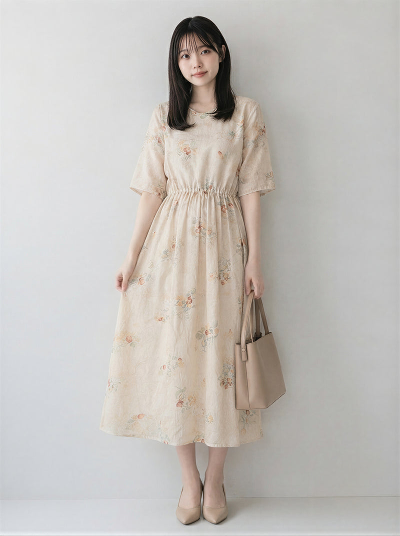 小花柄ウエストマーク リボン付き 五分袖ワンピース-ベージュ-2XL