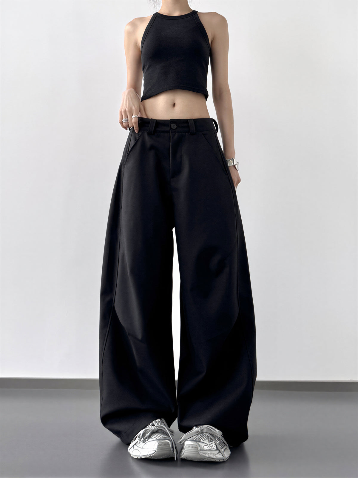 S-XL ローライズ 立体プリーツ ワイドパンツ