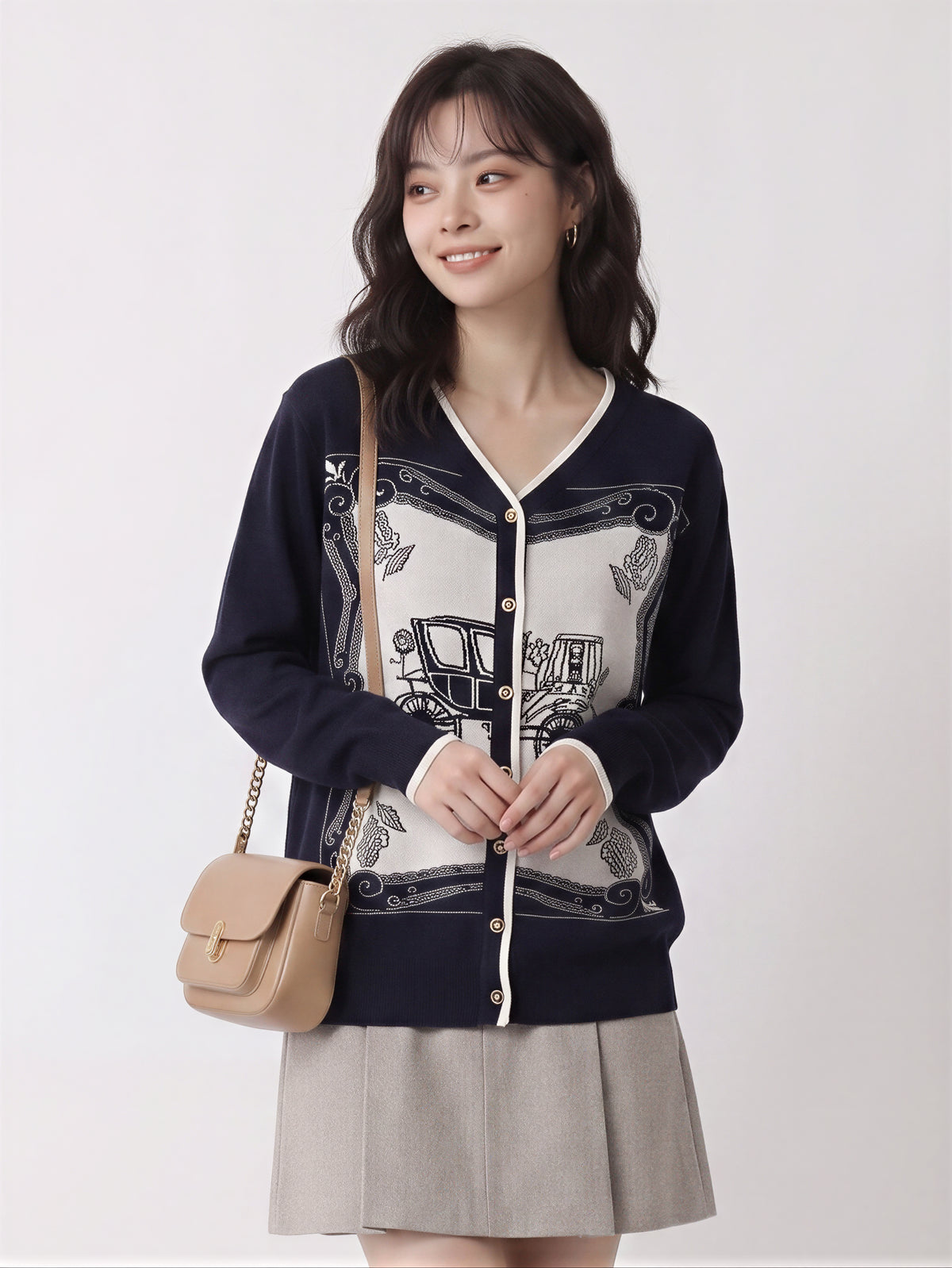 レトロジャカード Vネックニットカーディガン-ダークブルー-XL