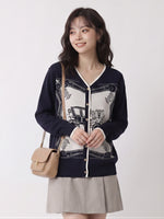 レトロジャカード Vネックニットカーディガン-ダークブルー-XL
