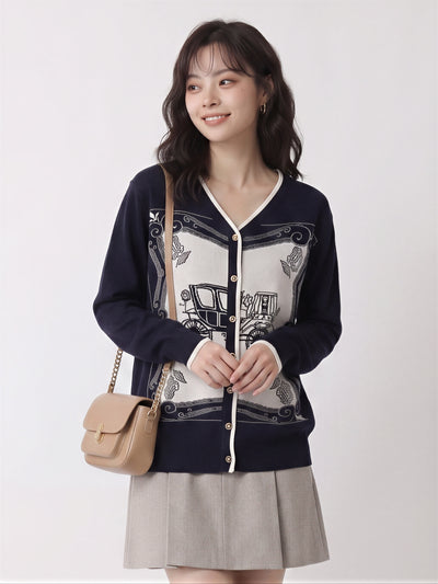 レトロジャカード Vネックニットカーディガン-ダークブルー-XL