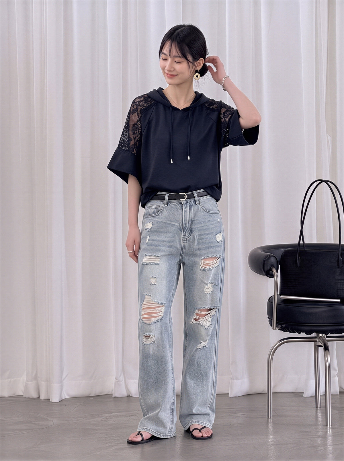 レース切り替えフード付きワイドスリーブTシャツ