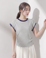 ブルーストライプ 配色ネックトリムTシャツ