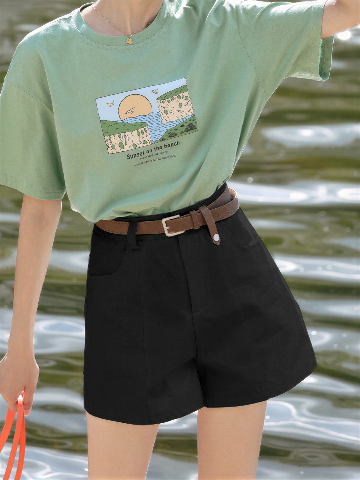 ハイウエスト ギャザー ワイドショートパンツ-ブラック-XL