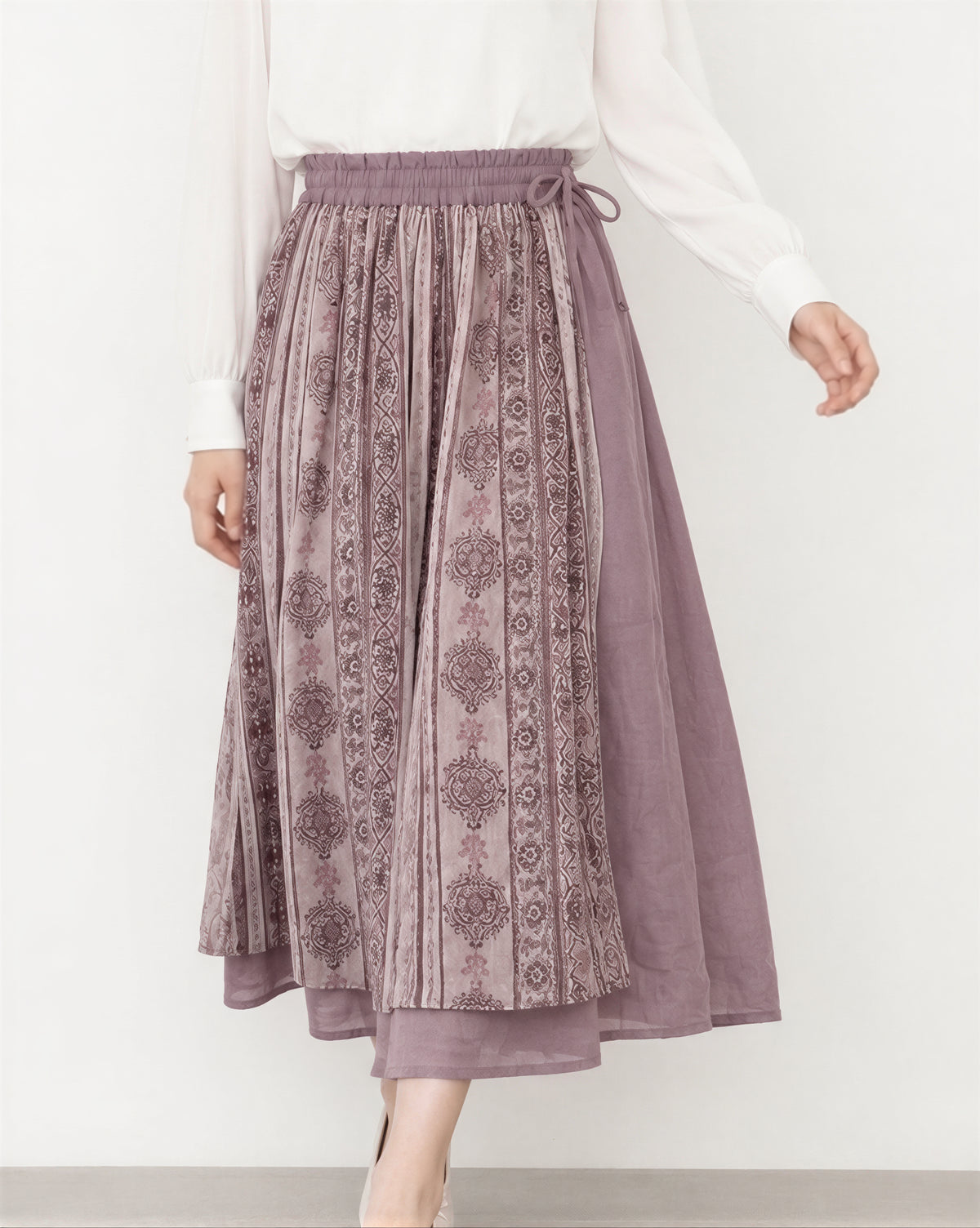 M~2XL パープル切り替えプリント エアリー ロングスカート