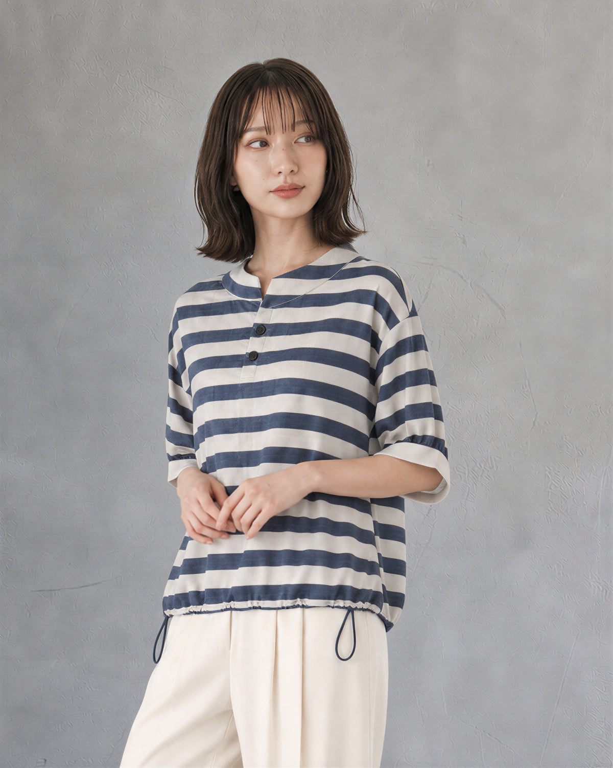【秋新作】S-XL ボーダー スタンドカラー ドローストリング 半袖Tシャツ