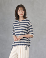 【秋新作】S-XL ボーダー スタンドカラー ドローストリング 半袖Tシャツ