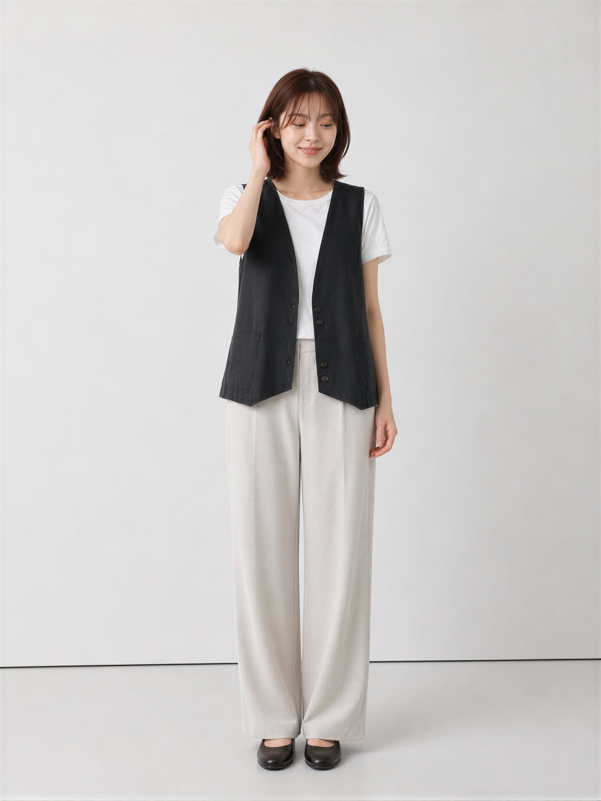 M~2XL 深Vボタンフロントゆったりベスト