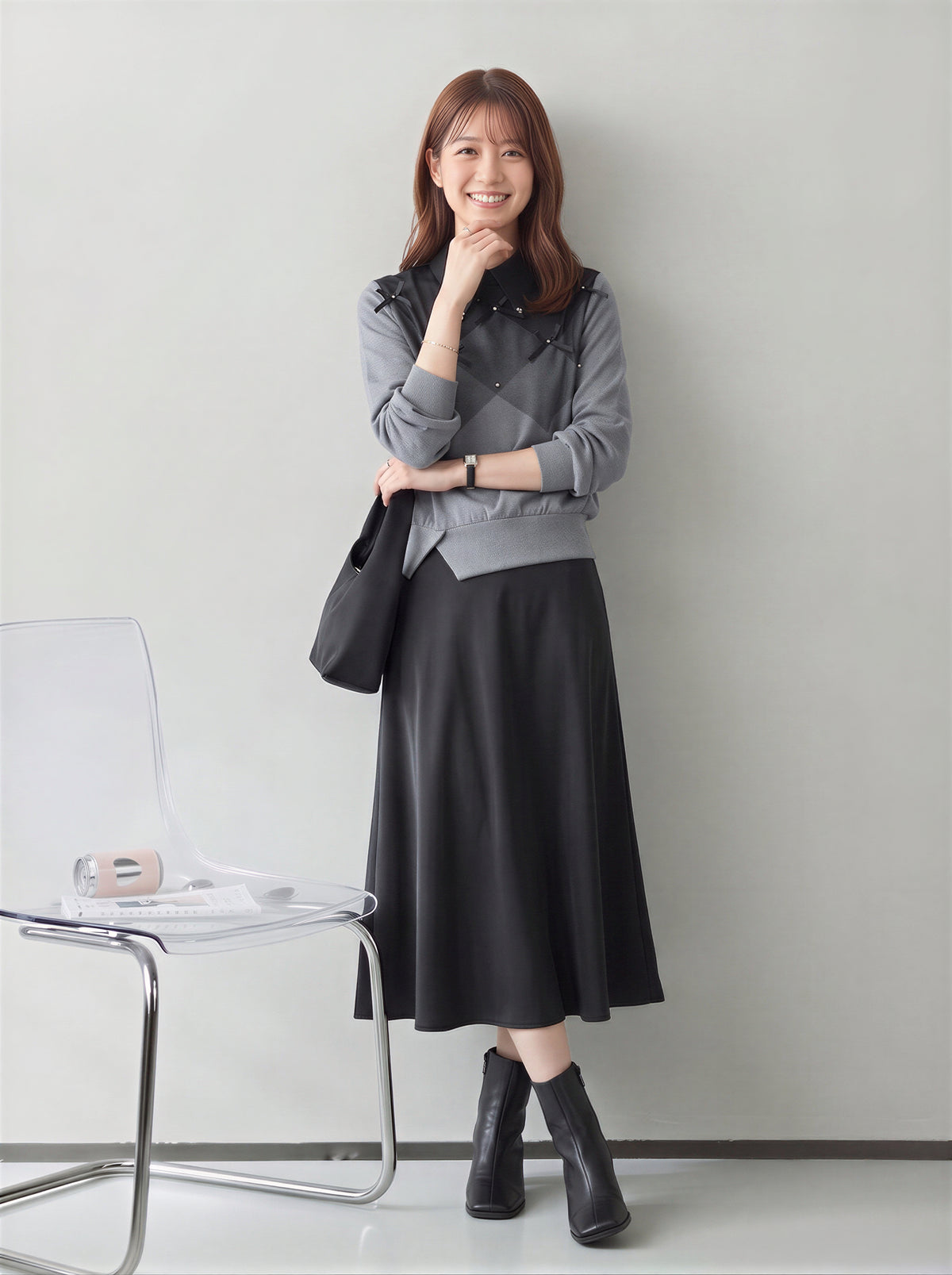 【秋新作】S~XL ダイヤ柄切り替え リボン付き 襟付き フェイクレイヤード スウェット