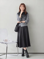 【秋新作】S~XL ダイヤ柄切り替え リボン付き 襟付き フェイクレイヤード スウェット