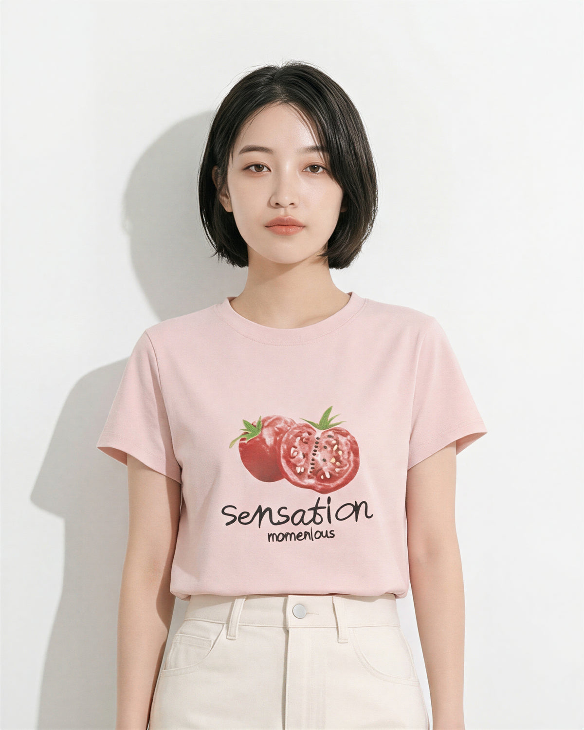 ライトピンク フルーツプリント クルーネック半袖Tシャツ