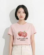 ライトピンク フルーツプリント クルーネック半袖Tシャツ
