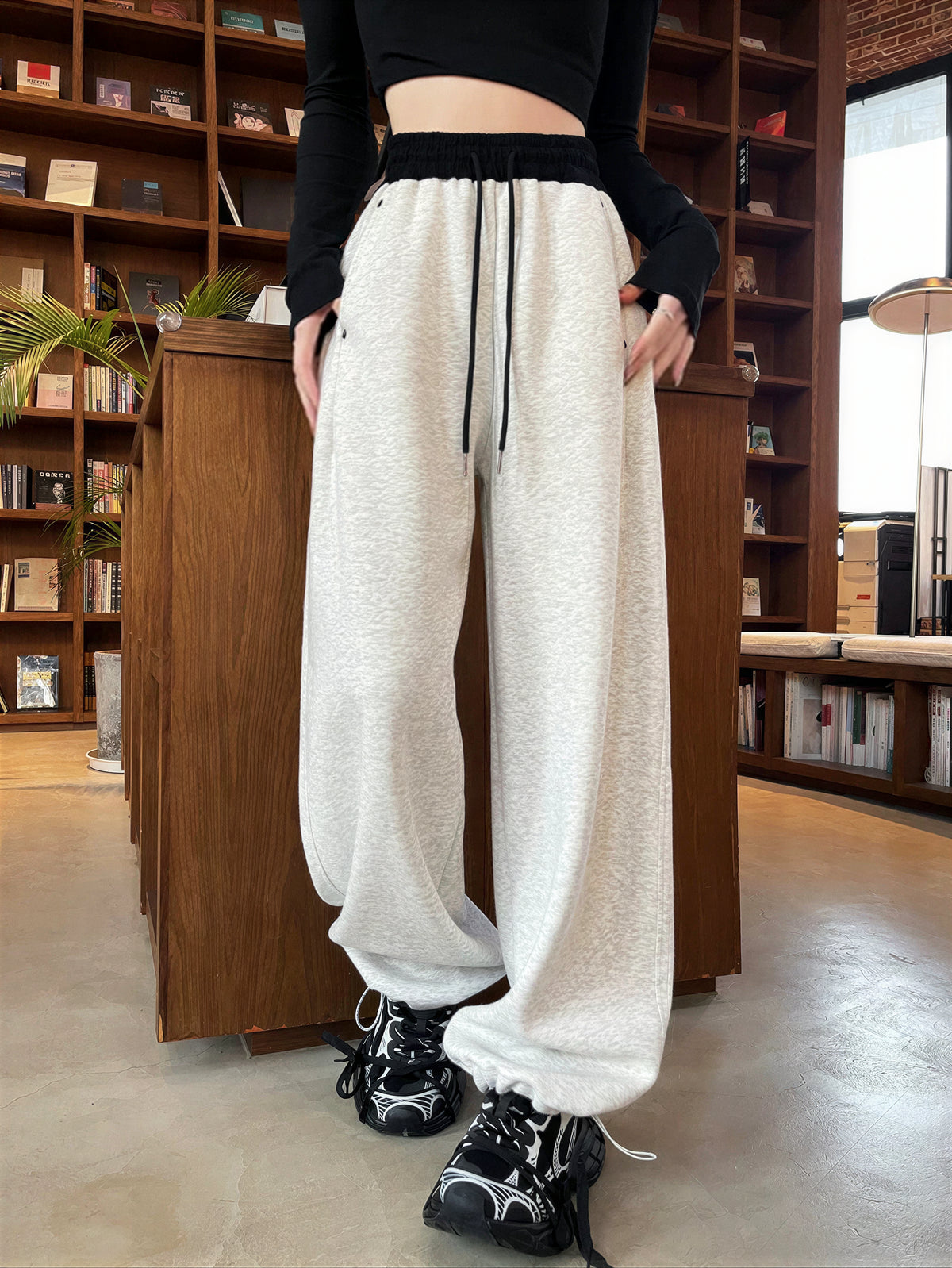 ハイウエスト ドローストリング ワイドスウェットパンツ-ライトグレー-2XL