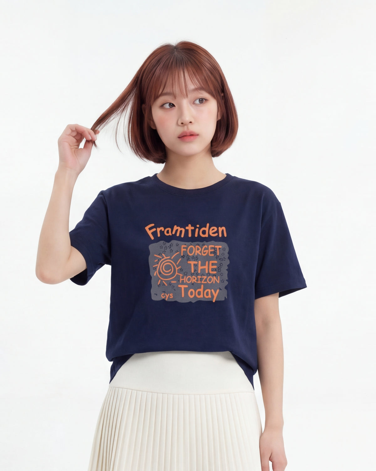 ネイビー ゆったり ドロップショルダー クルーネック プリント 半袖Tシャツ