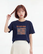 ネイビー ゆったり ドロップショルダー クルーネック プリント 半袖Tシャツ