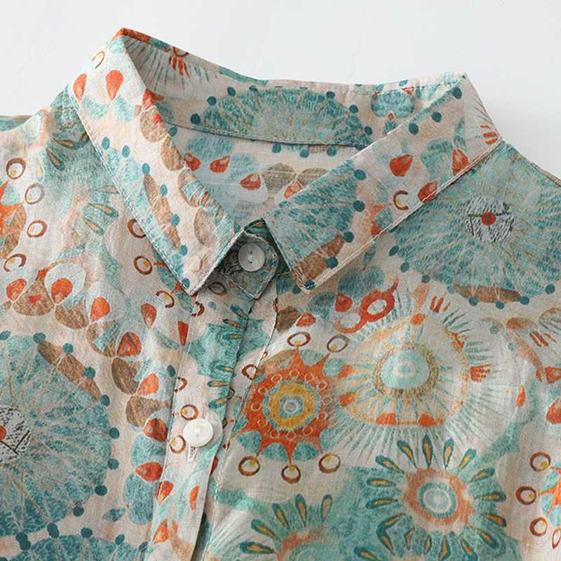 M~2XL ブルー×オレンジプリント ルーズフィット 開襟シャツ
