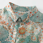 M~2XL ブルー×オレンジプリント ルーズフィット 開襟シャツ