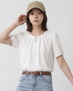 ラウンドネック カットアウト パフスリーブTシャツ