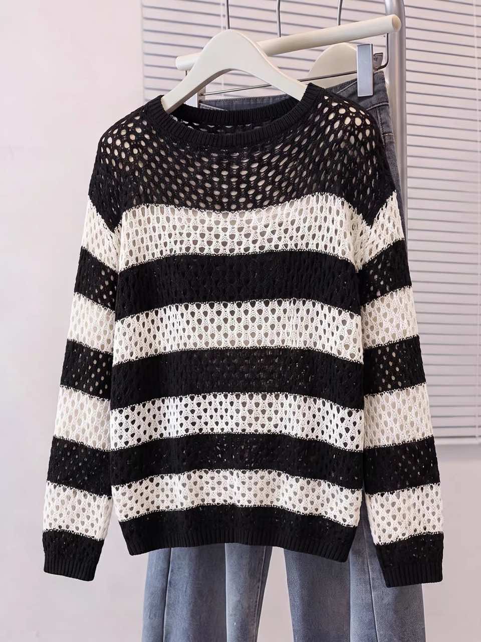 M~4XL 白黒ボーダー 透かし編み ルーズニット