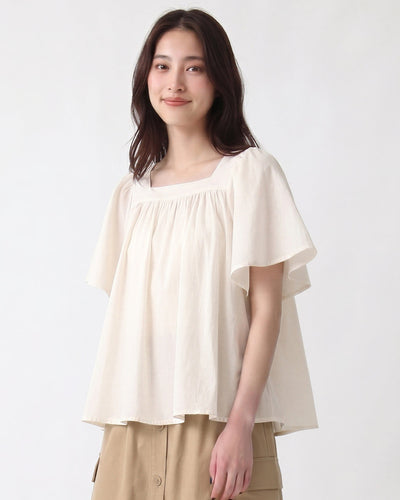 スクエアネック ギャザー フリルスリーブブラウス-ホワイト-XL